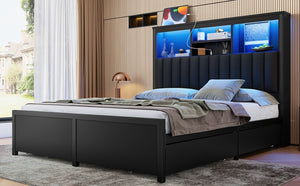 English Elm Queen Storage Bed Frame with Led Lighting Charging Station and Four Under Drawers W1670S00031