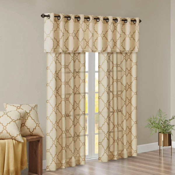 JLA Home Madison Park - Fretwork Metallic Fretwork Print Valance with Grommet Top — Textured Cotton-Blend Light Filter Beige/Gold MP41-3601