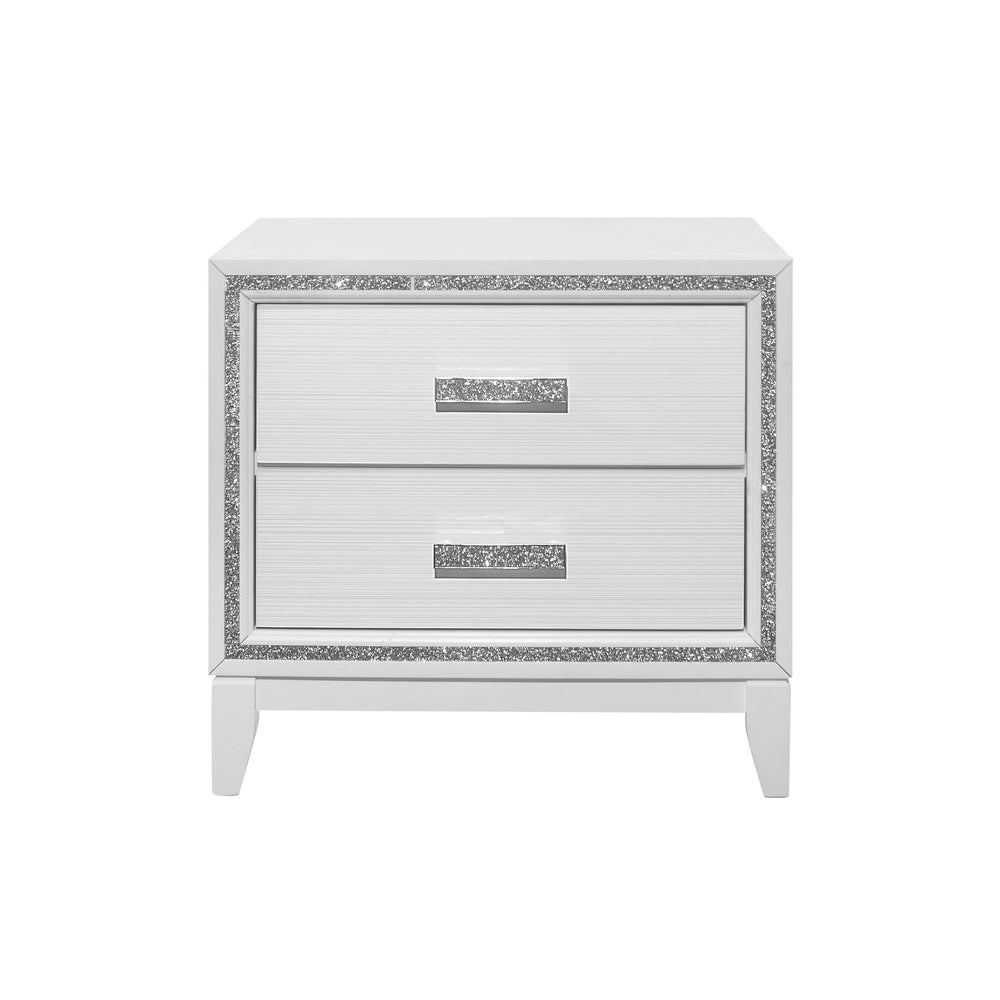 English Elm ALMERA White Glitter Nightstand with 2 Spacious Drawers, Crushed Crystal Handles, Transitional Glam Finish B201P226192