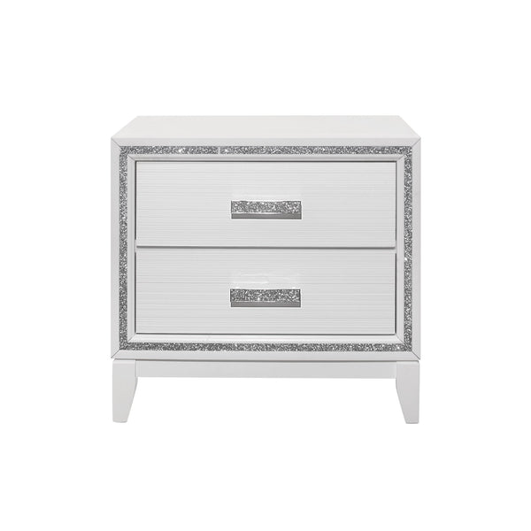 English Elm ALMERA White Glitter Nightstand with 2 Spacious Drawers, Crushed Crystal Handles, Transitional Glam Finish B201P226192