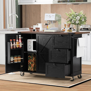 English Elm K&K 54.5" Farmhouse Kitchen Island with Drop Leaf, Built-In Power Station, Rolling Storage Cart Black N707P170349B