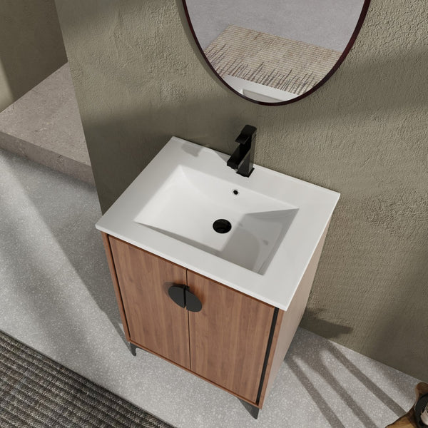 English Elm 24'' Modern Brown Bathroom Vanity with Drop-In Ceramic Sink, Engineered Wood, Soft-Close Doors, Ample Storage W1972S00001