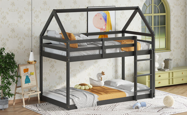 English Elm Twin Rubber Wood Floor Bunk Bed House-Shaped Design with Ladder Guardrails Sturdy Low-Profile Retreat Black W504P206865