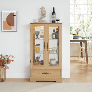 English Elm Glass Lighted Curio Cabinet with Adjustable Glass Shelves, 2 Doors 1 Drawer, Oak Finish, Bulb Included and Anti-Tip Safety Strap for Secure Display of Collectibles W2275P178890