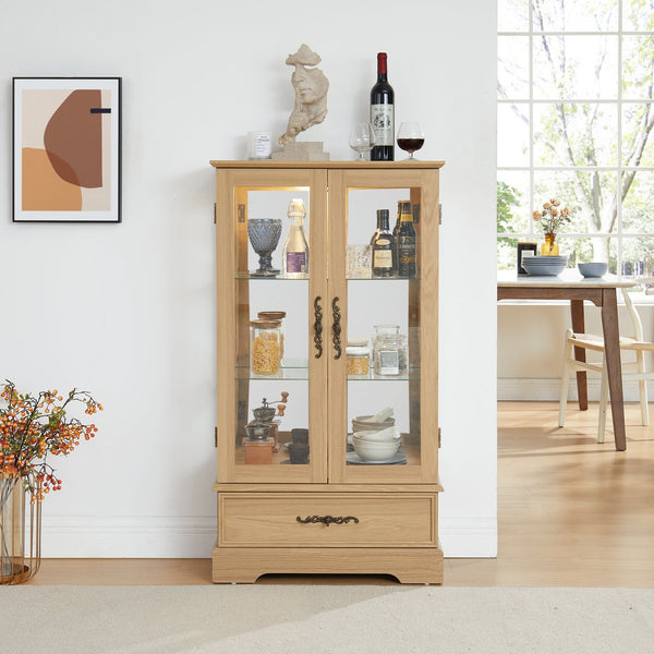 English Elm Glass Lighted Curio Cabinet with Adjustable Glass Shelves, 2 Doors 1 Drawer, Oak Finish, Bulb Included and Anti-Tip Safety Strap for Secure Display of Collectibles W2275P178890