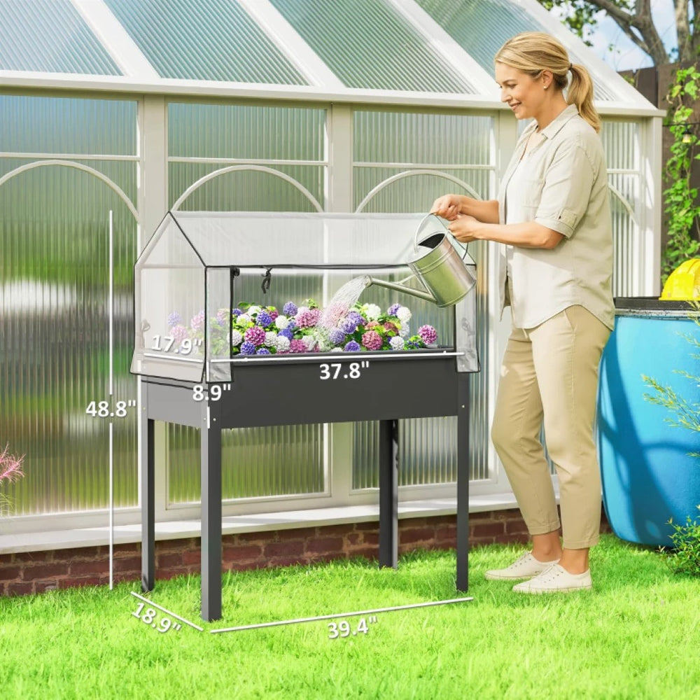 English Elm Modern Raised Steel Garden Bed with Greenhouse Cover for Year Round Outdoor Growing T3971P467378