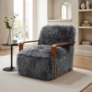 English Elm Charcoal Plush Faux Fur Accent Chair with Walnut Wood Arms — Cozy Modern Living Room Seating Charcoal grey 29 L x 36 W x 33 H B2741P401383