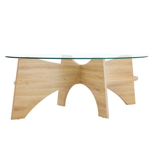 English Elm Oval Tempered Glass Coffee Table with Wood Grain Legs and Built-in Fan Tray Shelf W1151P256007