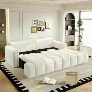 English Elm 90.2" 3-in-1 Convertible Sleeper Sofa Bed with Teddy Fabric & Storage, King-Size Comfort for Living Beige+White W1885S00249