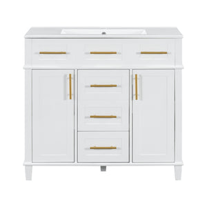 English Elm 36" White Bathroom Vanity Cabinet with Ceramic Sink, Gold Handles, Soft-Close Drawers & Adjustable Shelf N729P204177K