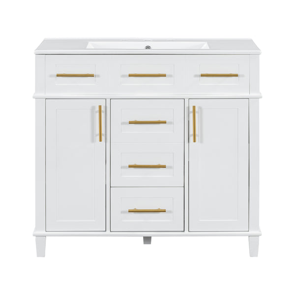 English Elm 36" White Bathroom Vanity Cabinet with Ceramic Sink, Gold Handles, Soft-Close Drawers & Adjustable Shelf N729P204177K