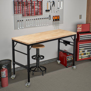 English Elm 60" Adjustable Workbench with 2000 LB Capacity, Hardwood Top, Locking Wheels & Built-In Power Outlets W1422P218520