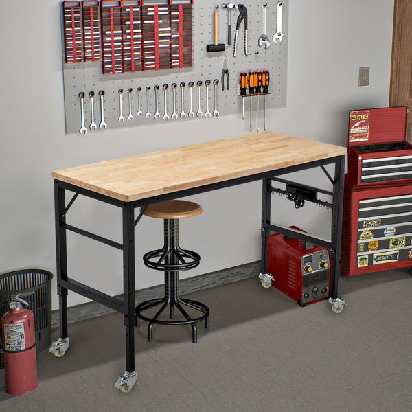 English Elm 60" Adjustable Workbench with 2000 LB Capacity, Hardwood Top, Locking Wheels & Built-In Power Outlets W1422P218520