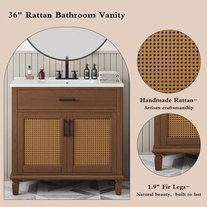 English Elm Christopher Knight Home® - 36" Rattan Bathroom Vanity with Ceramic Sink and Soft-Close Drawers, Handwoven Door Texture, Solid Wood Legs, Spacious Storage Elegance Brown N817P271077B
