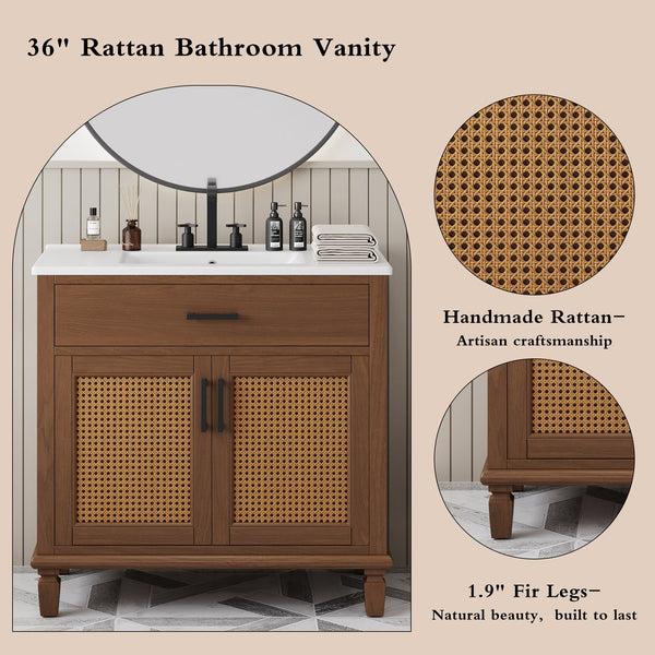 English Elm Christopher Knight Home® - 36" Rattan Bathroom Vanity with Ceramic Sink and Soft-Close Drawers, Handwoven Door Texture, Solid Wood Legs, Spacious Storage Elegance Brown N817P271077B