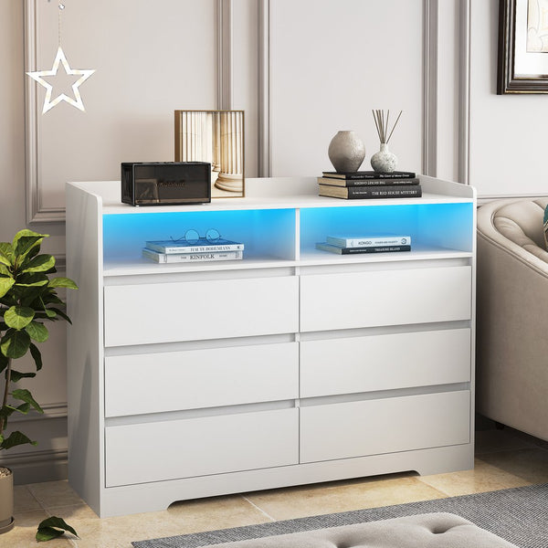 English Elm 6 Drawer Dresser with RGB LED Backlight, White Modern 6-Drawer Chest with Anti-Tip Kit for Bedroom W132166406