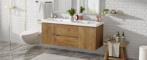 English Elm [video]59.3 Inch Wall Mounted Double Sink Vanity Wood Grain Mdf Soft Close Storage N729P000026N