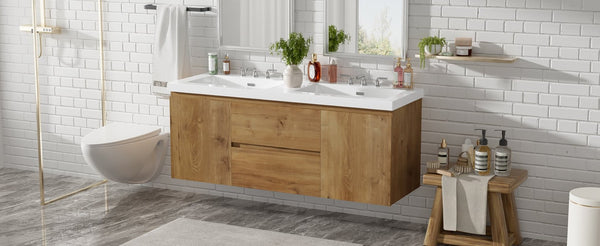 English Elm [video]59.3 Inch Wall Mounted Double Sink Vanity Wood Grain Mdf Soft Close Storage N729P000026N