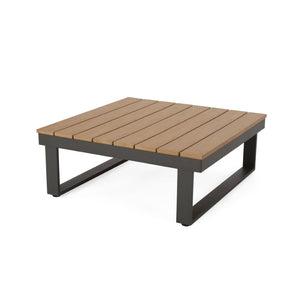 English Elm Sterling Outdoor Aluminum Sectional Sofa Set with Acacia Wood and Weather Proof Cushions STERLING -V SAHPE FGRY
