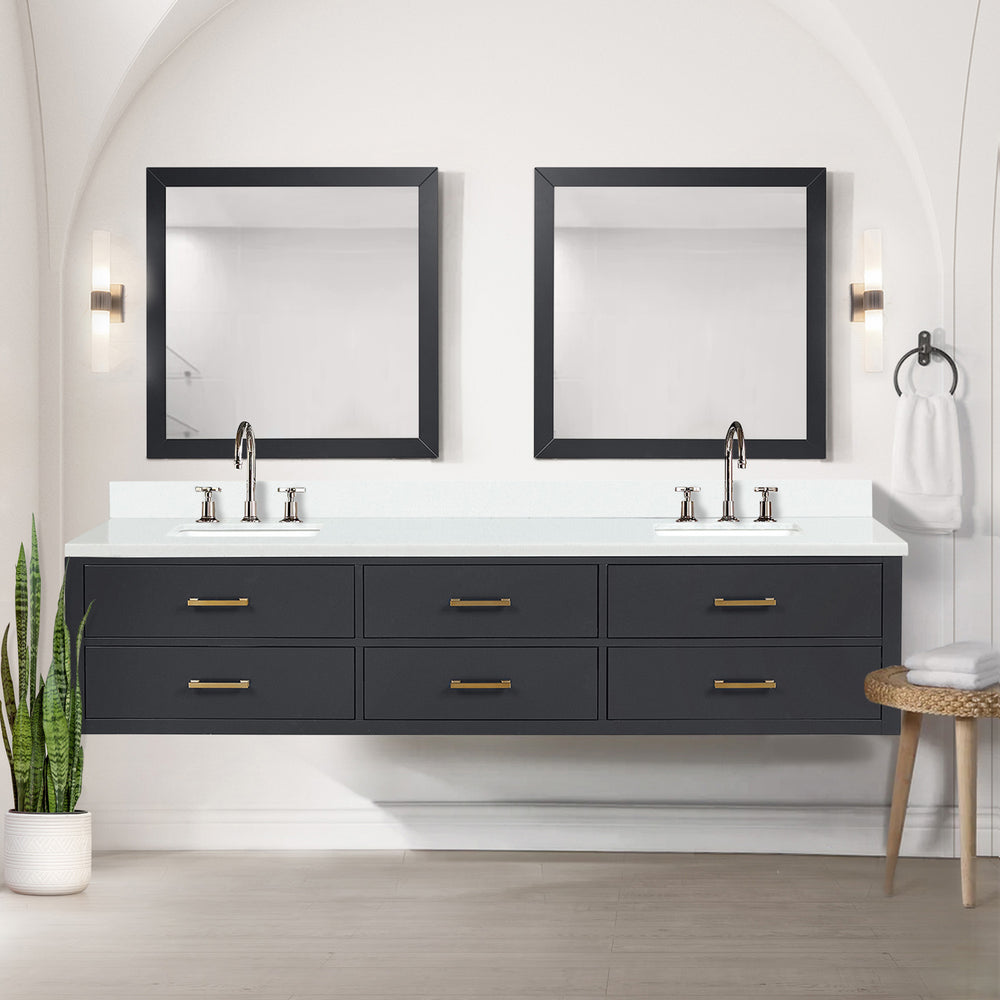 English Elm Black Double Bath Vanity 84" W X 22" D With White Quartz Top, Chrome Faucets & Matching Mirrors Set B2731S01849