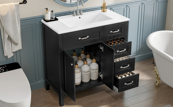 English Elm 36" Modern Bathroom Vanity With Sink Combo, Sleek Black Cabinet, Durable Storage & Stylish Design N725P246491B