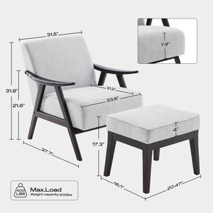 English Elm Accent Chair With Ottoman Set - Mid Century Modern Upholstered Grey Chair & Footrest For Any Room W2975P223179