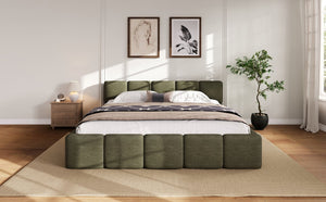 English Elm King Platform Bed Linen Upholstered Block Silhouette Solid Wood Frame Bedroom Anchor N757P385454D