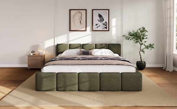 English Elm King Platform Bed Linen Upholstered Block Silhouette Solid Wood Frame Bedroom Anchor N757P385454D