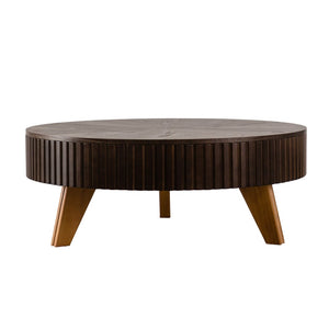 English Elm 39.37" Round Retro Coffee Table with Storage Mdf Top Solid Wood Legs Living Room W757P379484