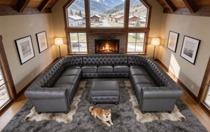 English Elm Chesterfield Button Tufted U-shape Sectional Leather Match Seating for Spacious Rooms Blue Gray B2748S00150