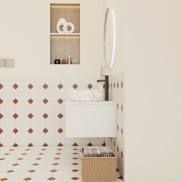 English Elm 30" Floating Wall Mount Bathroom Vanity Open Shelf Ceramic Vessel Sink Modern White Gold+White,White + Light Oak W3450S00058