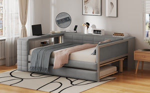 English Elm Full Size Upholstered Platform Bed With Trundle, Charging Station, And Smart Storage In Gray Velvet N7090000604E
