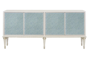 English Elm Ansaldo Pearl White Console Cabinet with Silver Shimmer, French Provincial Glass Doors & Turned Legs B2726P285786