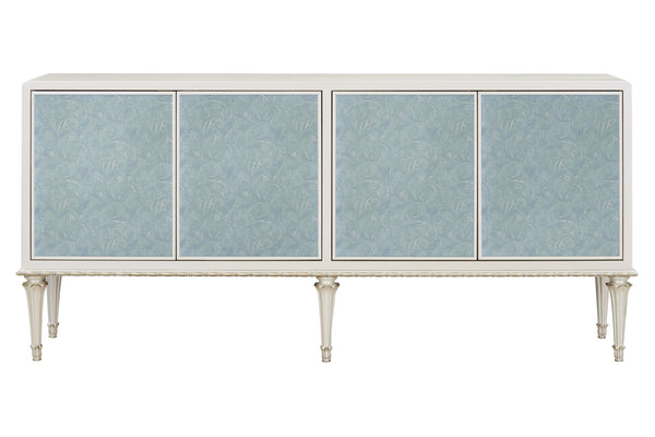 English Elm Ansaldo Pearl White Console Cabinet with Silver Shimmer, French Provincial Glass Doors & Turned Legs B2726P285786