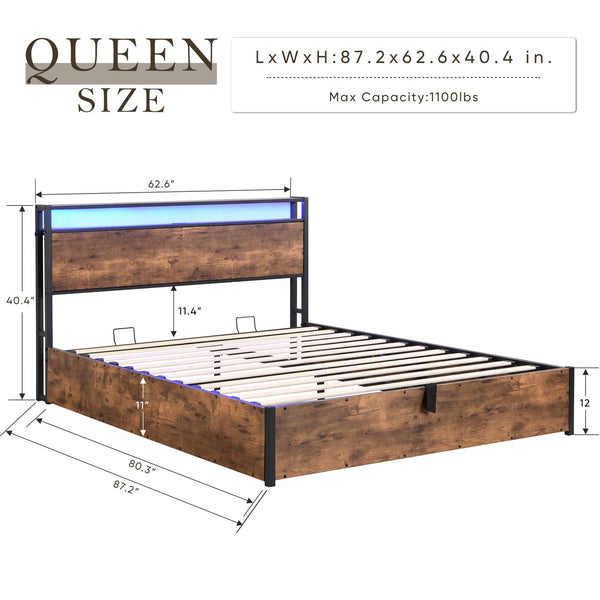 English Elm Lift-Up Storage Bed Frame - Stylish Queen Platform Bed With Charging Station, Led Lights & Bookcase Headboard W1916P184705
