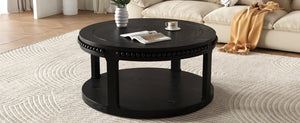 English Elm 31.5 Inch Round Solid Wood Coffee Table Two-Tier Thick Top Sturdy Legs 100lb Capacity, Elegant Finish Black W1445P341376