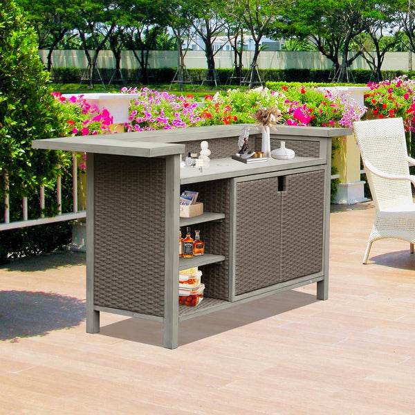 English Elm Patio All-Aluminum PE Wicker Bar Table with Umbrella Hole, Gas Tank Support & Spacious Storage, Beige W1859S00170