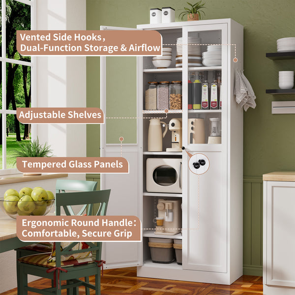 English Elm 72" Metal Pantry Cabinet Tall White - 5 Adjustable Shelves, Heavy-Duty Steel, Tool-Free Assembly, Silent Doors T2398P350192
