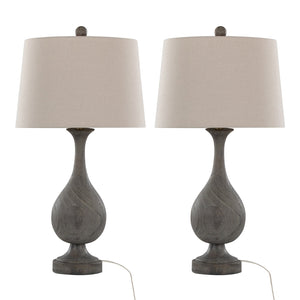English Elm Cipolla Farmhouse Polyresin Table Lamp Set of 2 – 29" Faux Wood Grey Teardrop Bases, Linen Shades, 3-Way B202P224049