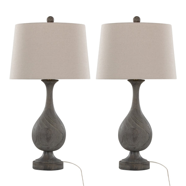 English Elm Cipolla Farmhouse Polyresin Table Lamp Set of 2 – 29" Faux Wood Grey Teardrop Bases, Linen Shades, 3-Way B202P224049