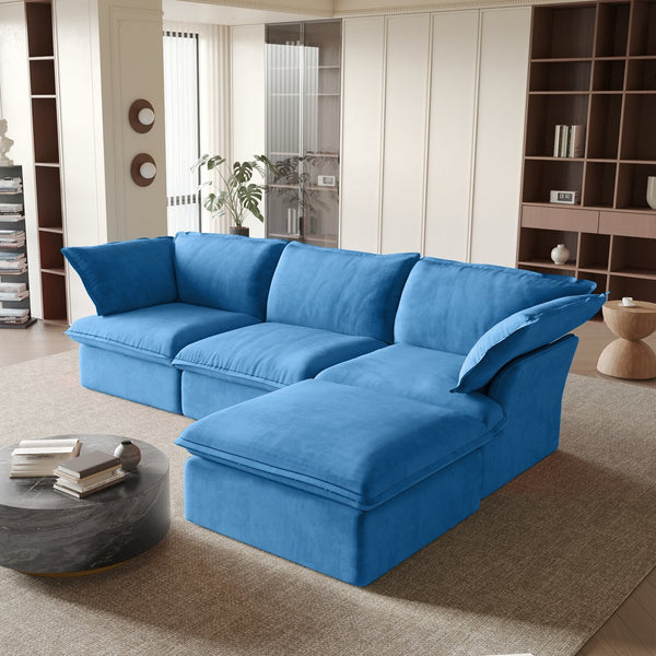 English Elm Sky Cloud Sectional Sofa with Cloud-Like Comfort, Modular L-Shaped Velvet Seating, Removable Covers, Storage Ottoman Blue B341S00022