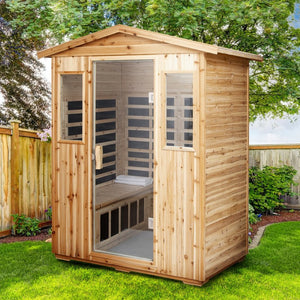 English Elm Four Person Old Fir Outdoor Infrared Sauna with Glass Door and Bluetooth Audio W632S00026