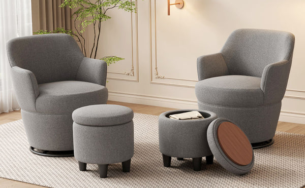 English Elm 360°Swivel Plush Accent Chair with Ottoman, Nail Trim, Storage Tray, Sturdy Metal Base, Cozy Seat Gray W2113P237040