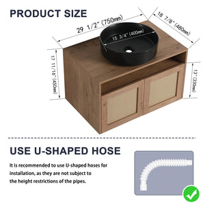 English Elm 30" Modern Wall-Mounted Bathroom Vanity With Black Ceramic Sink, Soft-Close Doors, Oak Finish W999S00398