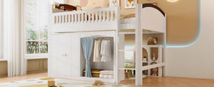 English Elm Twin Loft Bed with Wardrobe Cabinet Led Lighting and Pine Frame for Kids Rooms White N7090002235K