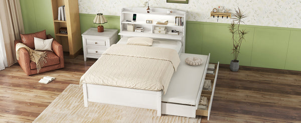 English Elm Full Size Wooden Led Platform Bed With Trundle, Storage Headboard, Usb Ports, And Drawers In White N820S10009K