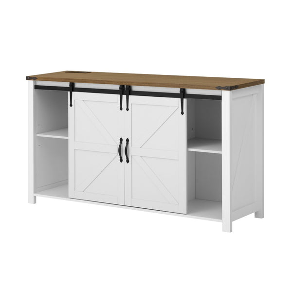 English Elm U-style Farmhouse Sideboard Barn Door Buffet with Drawers Built-in Outlet Dining White N711P347377K