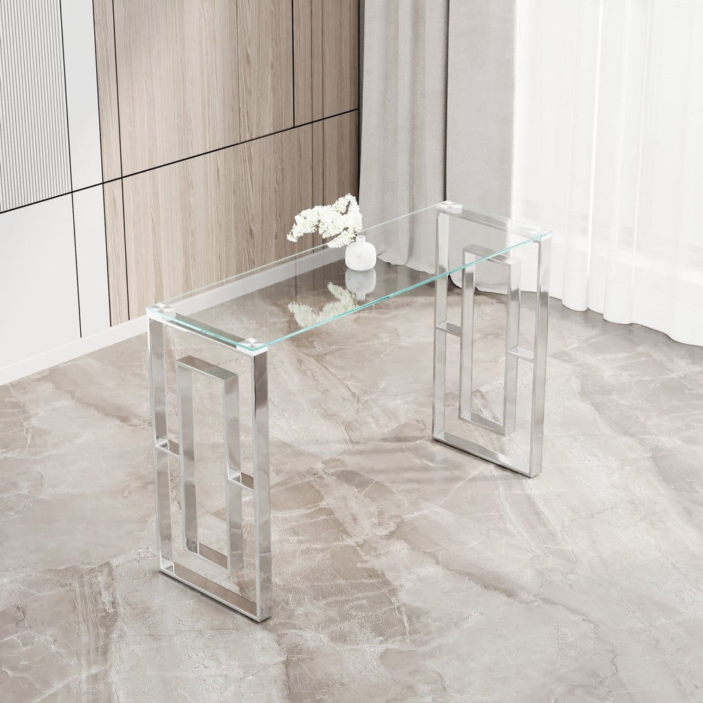 English Elm Console Minimalist Stainless Steel Glass Console Table with Reinforced Top, Sleek Space-Saving Design Silver,Transparent W1727P195277