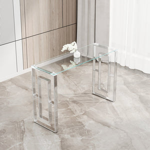 English Elm Console Minimalist Stainless Steel Glass Console Table with Reinforced Top, Sleek Space-Saving Design Silver,Transparent W1727P195277