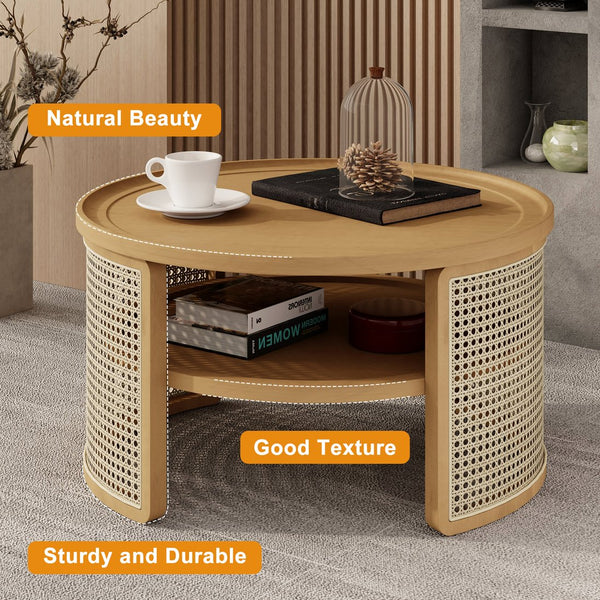 English Elm 2-Tiered Round Natural Wood Coffee Table with Rattan Storage Shelf, Thick Top, Curved Edge Design 31.3" N735P185131N